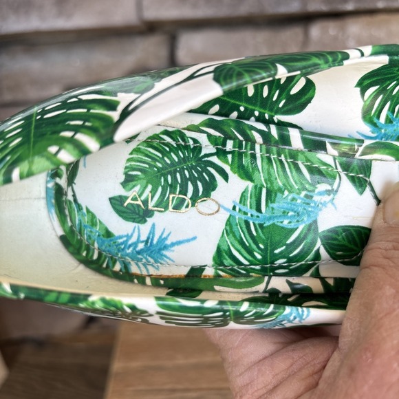 Aldo Stella Printed Patent Tropical Leaves Stiletto 4.5 In Peep Toe Heels 9 - Picture 4 of 12